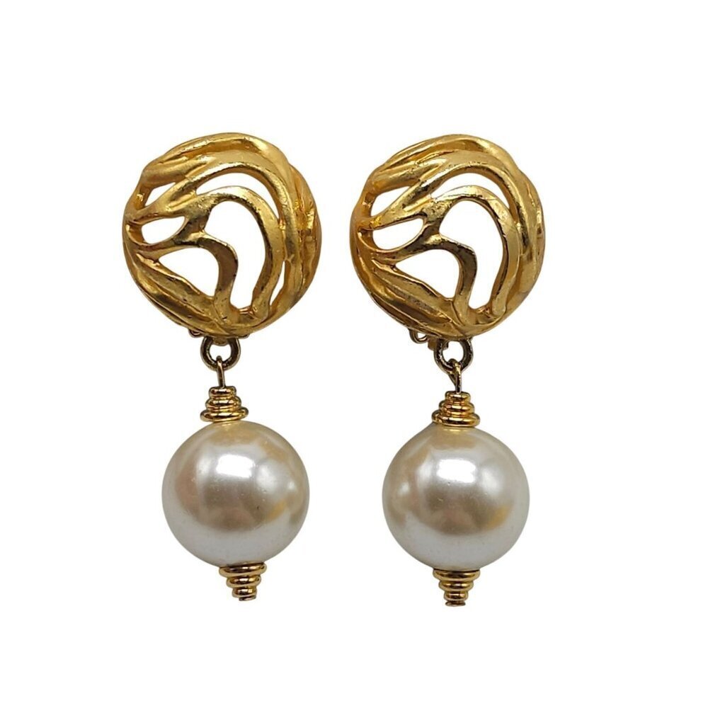 Gold Tone Dangle Clip Modernist Openwork Earrings With Faux Pearl Drop